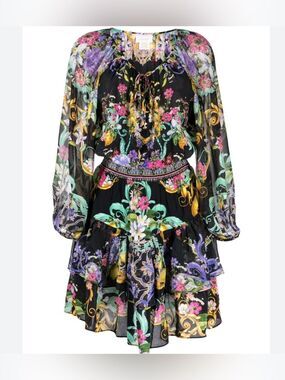 Camilla Graphic Print Silk Minidress In Black Floral Crystals Long Sleeve Sz M